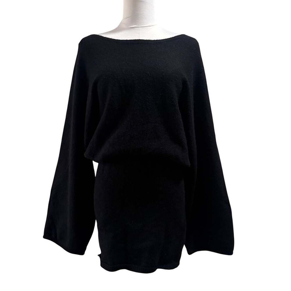 Lush Black Knit Sweater Dress Boat Neck Bell Sleeve Slouchy Medium Holiday